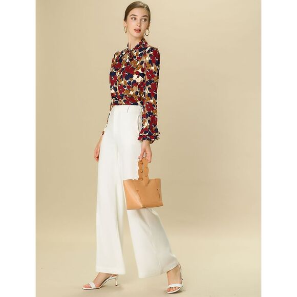 Floral Tie V Neck Blouse Chiffon Ruffle Trumpet Top Red - Picture 4 of 6